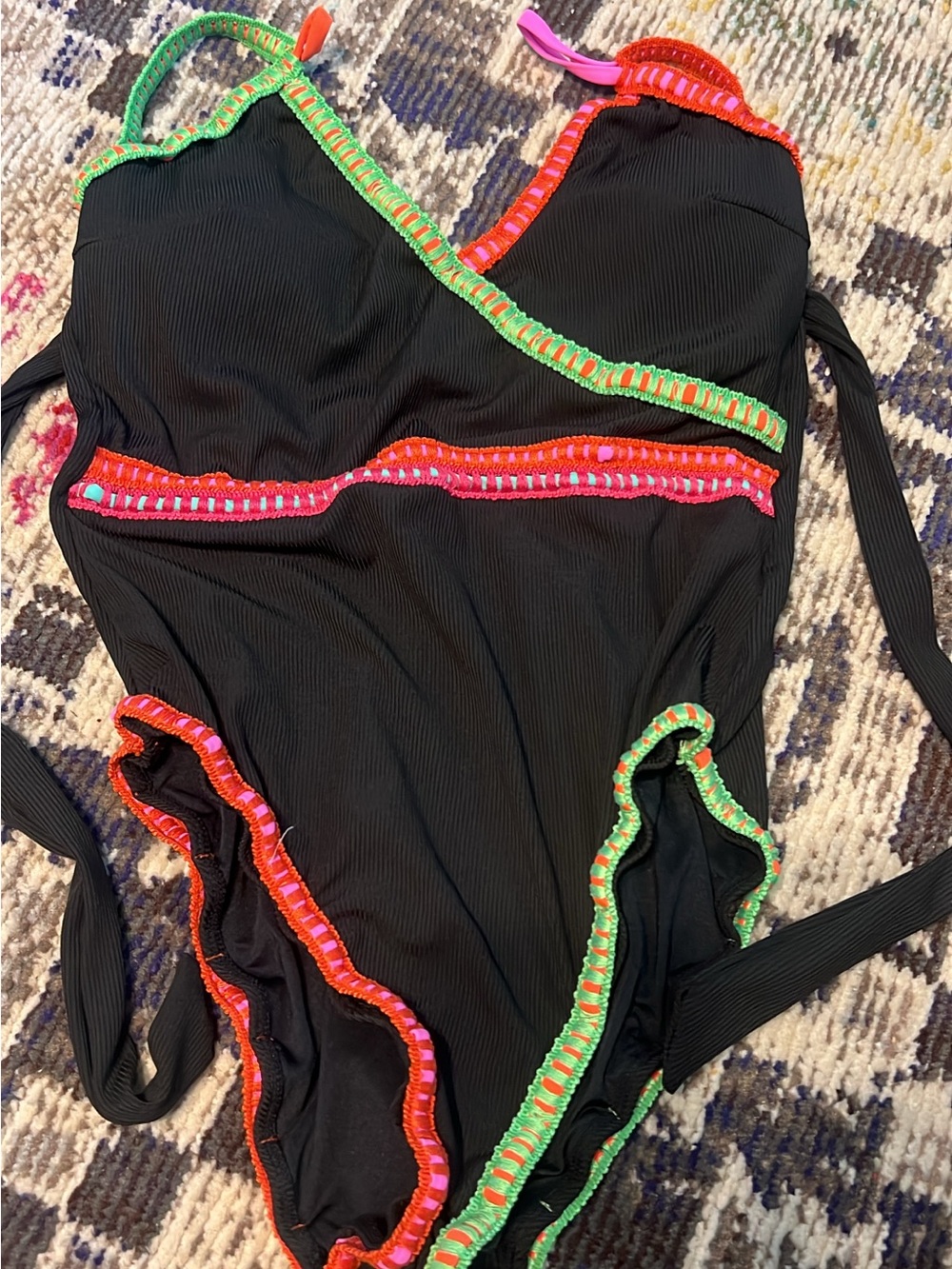 Women’s Black One-Piece Swimsuit with Neon Trim